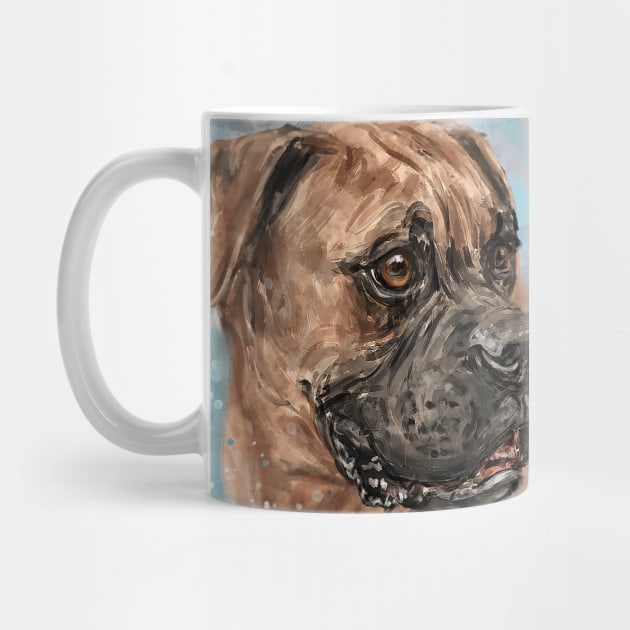 Painting of a Brown Coated Boxer Dog Looking to the Side on Light Blue Background by ibadishi